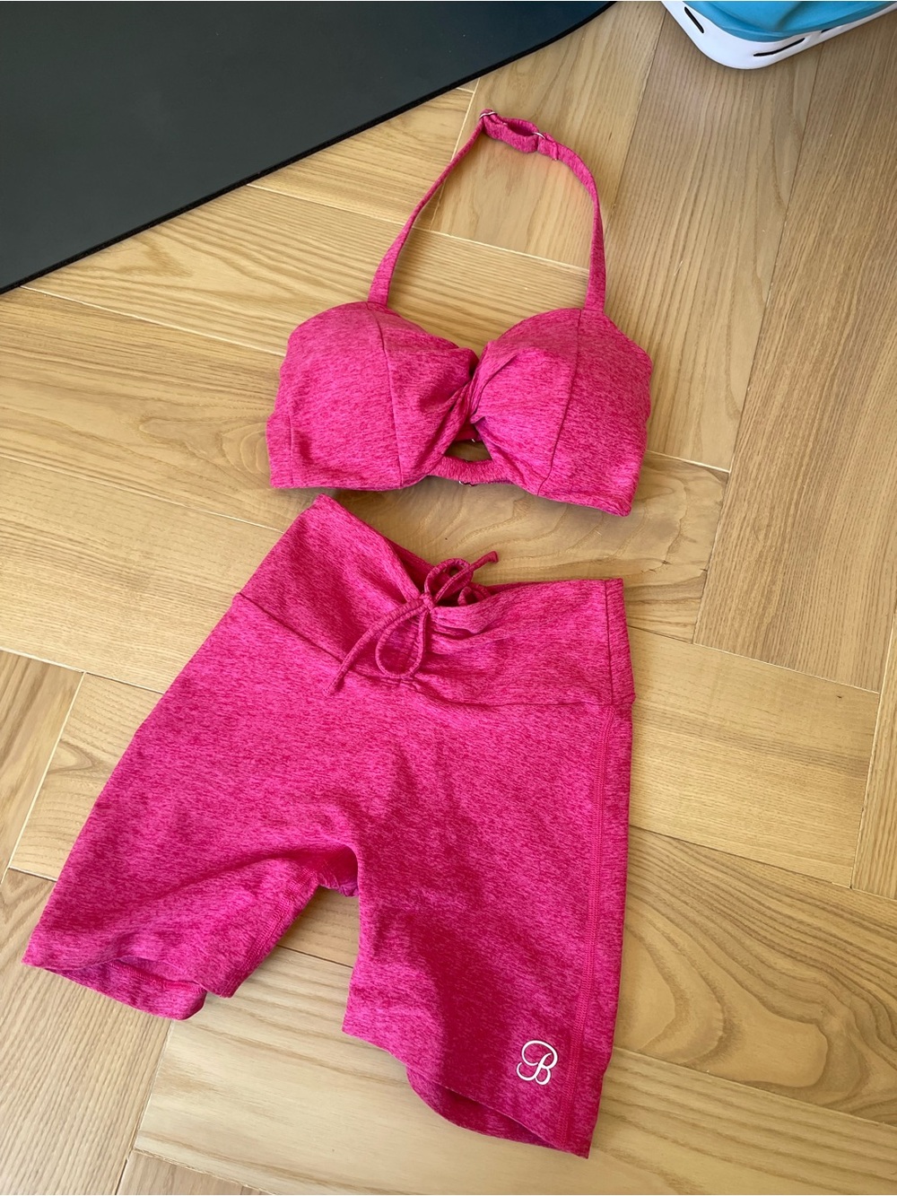 Bombshell Sportswear Pink High-Waist Bike Shorts Tie + Sports Bra